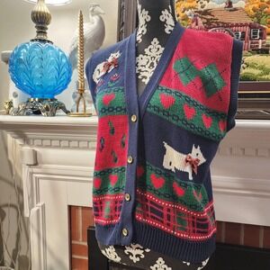 S Vintage Animal Lover Argyle Vest with Cat, Dog Navy Blue, Green and Red